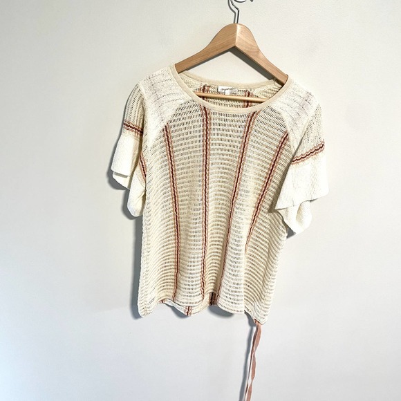 Crochet Striped Linen Open Knit Boho Top Sweater Shirt - Picture 2 of 11